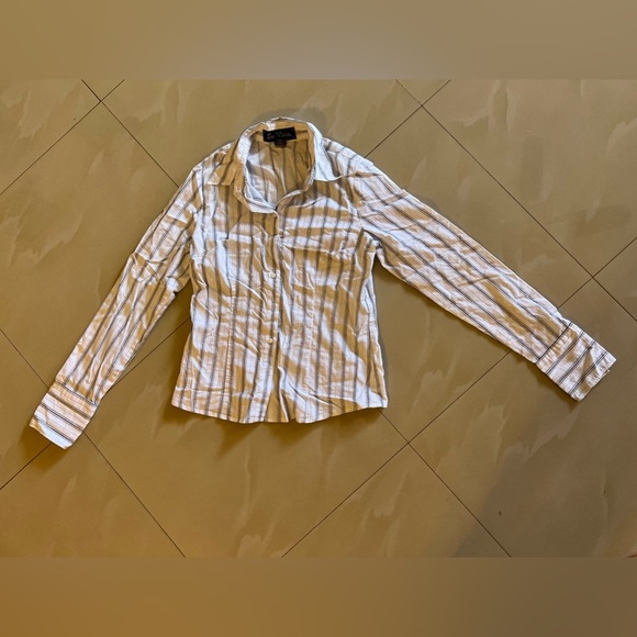 In Vain Button Down Blouse Women's Large White Black Silver Striped Long Sleeve - Picture 7 of 14